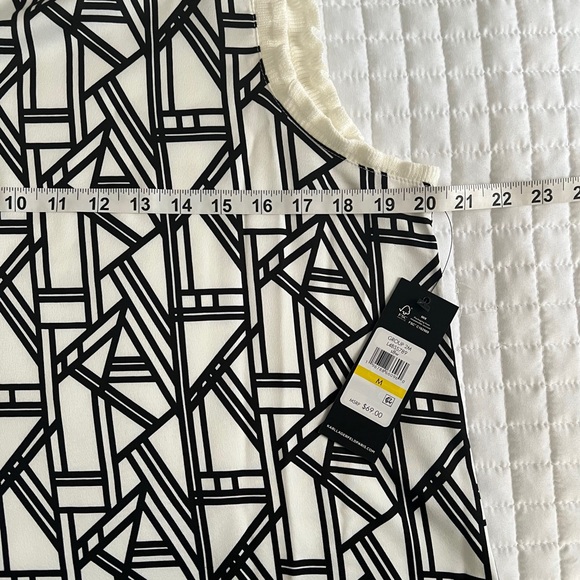 Karl Lagerfeld Paris Geometric Print Mixed Media Ruffle Trim Sleeveless Top - Picture 10 of 12